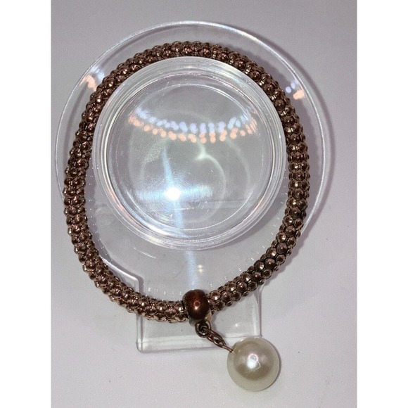 Faux Pearl Dangle Silver-Tone Copper Stretchable 3 5/8" Bracelet! - Picture 2 of 6
